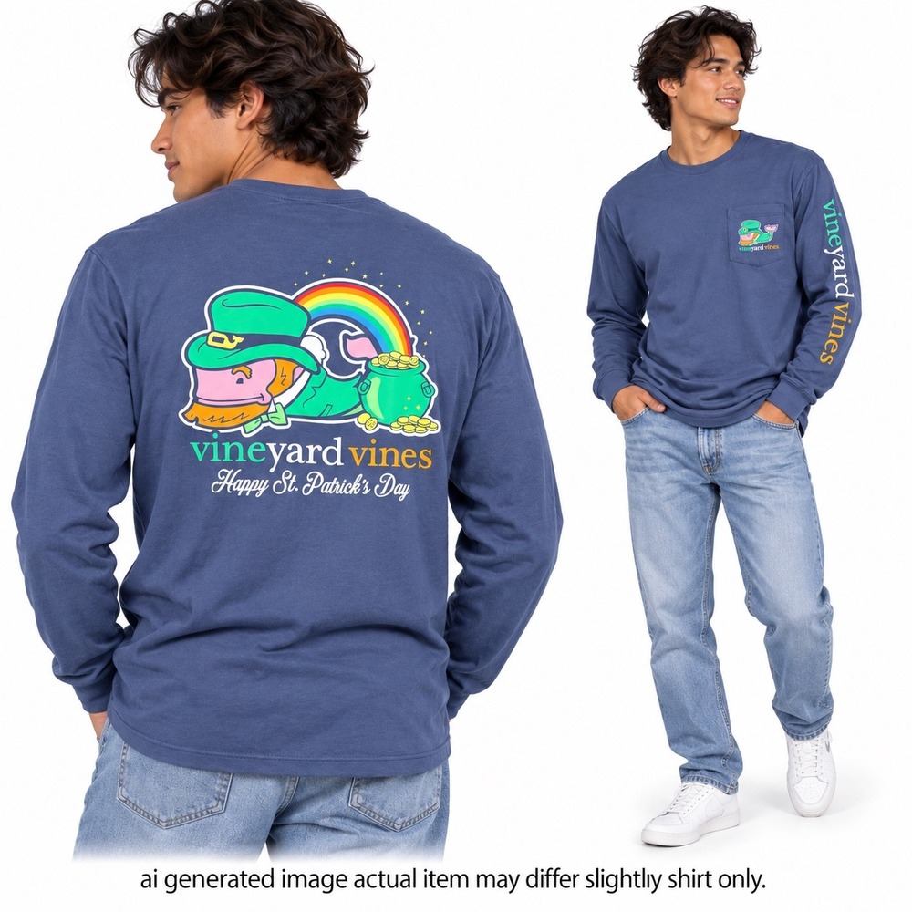 Vineyard Vines St Patricks Day Shirt Mens M Blue Long Sleeve Leprechaun Whale